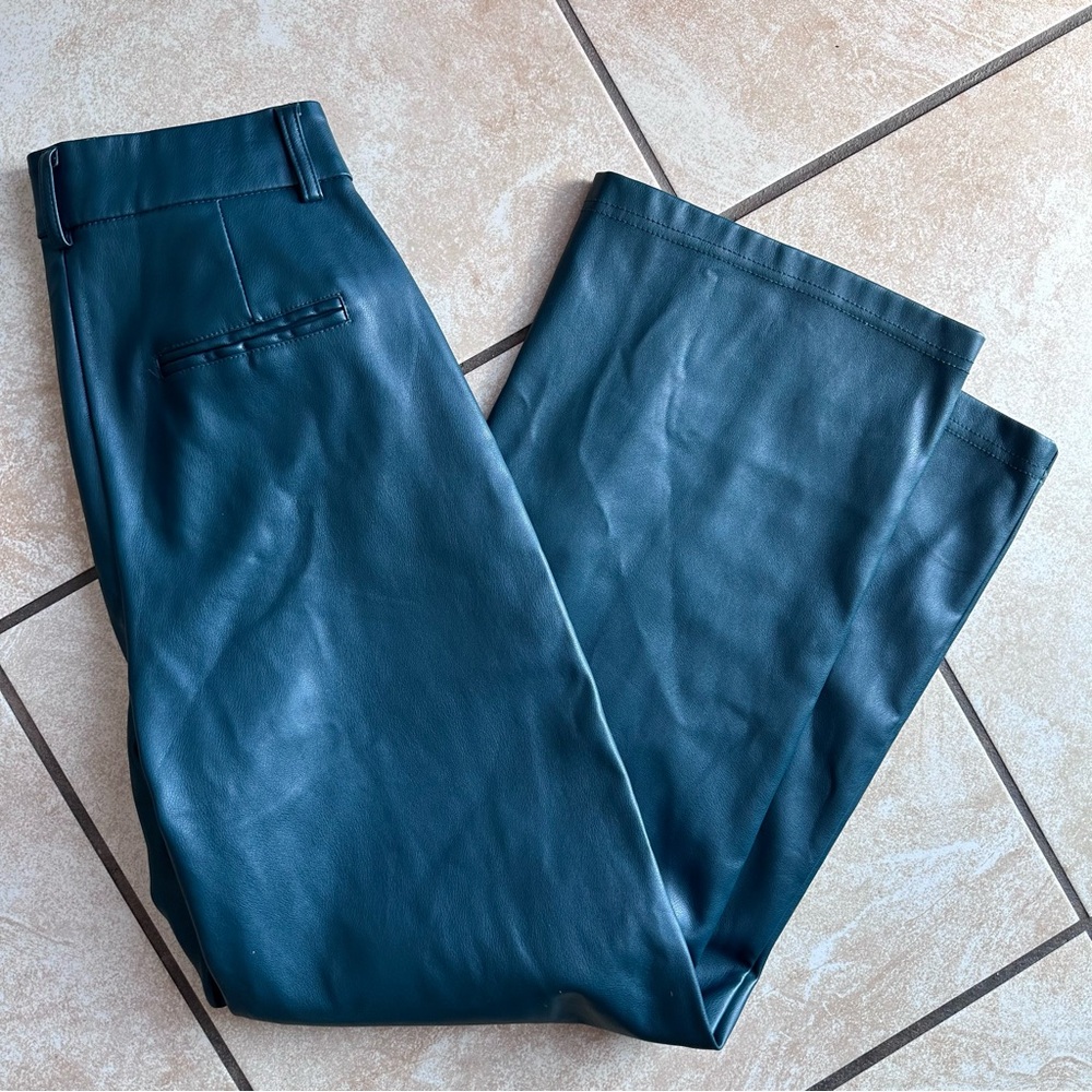 Faux Leather Wide-Leg Pants in Teal Green